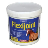 White plastic container with blue label featuring flexijoint for equimins flexijoint equine joint supplements aiding synovial fluid