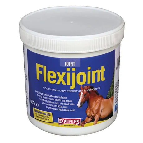 White plastic tub of equimins flexijoint equine joint supplements with blue label and brown horse for synovial fluid health