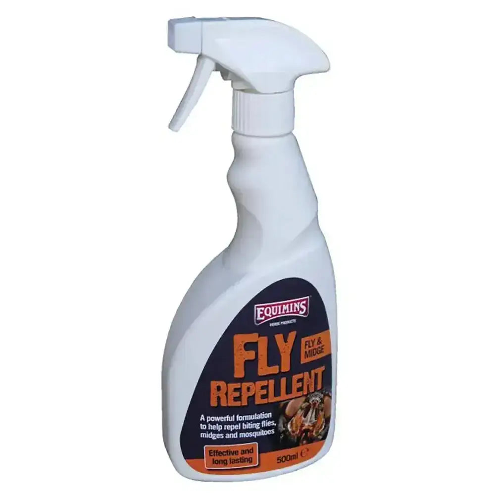 White plastic spray bottle of equimins fly repellent with black and orange label for long lasting fly repellent use