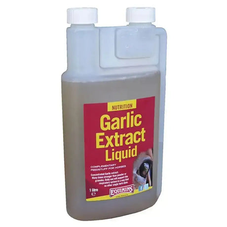 A 1-litre translucent plastic bottle of equimins garlic extract liquid with red and yellow label for natural bacteria flora in horses