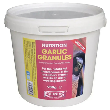 White plastic bucket of equimins garlic granules 900g complementary horse feed supplement for natural care