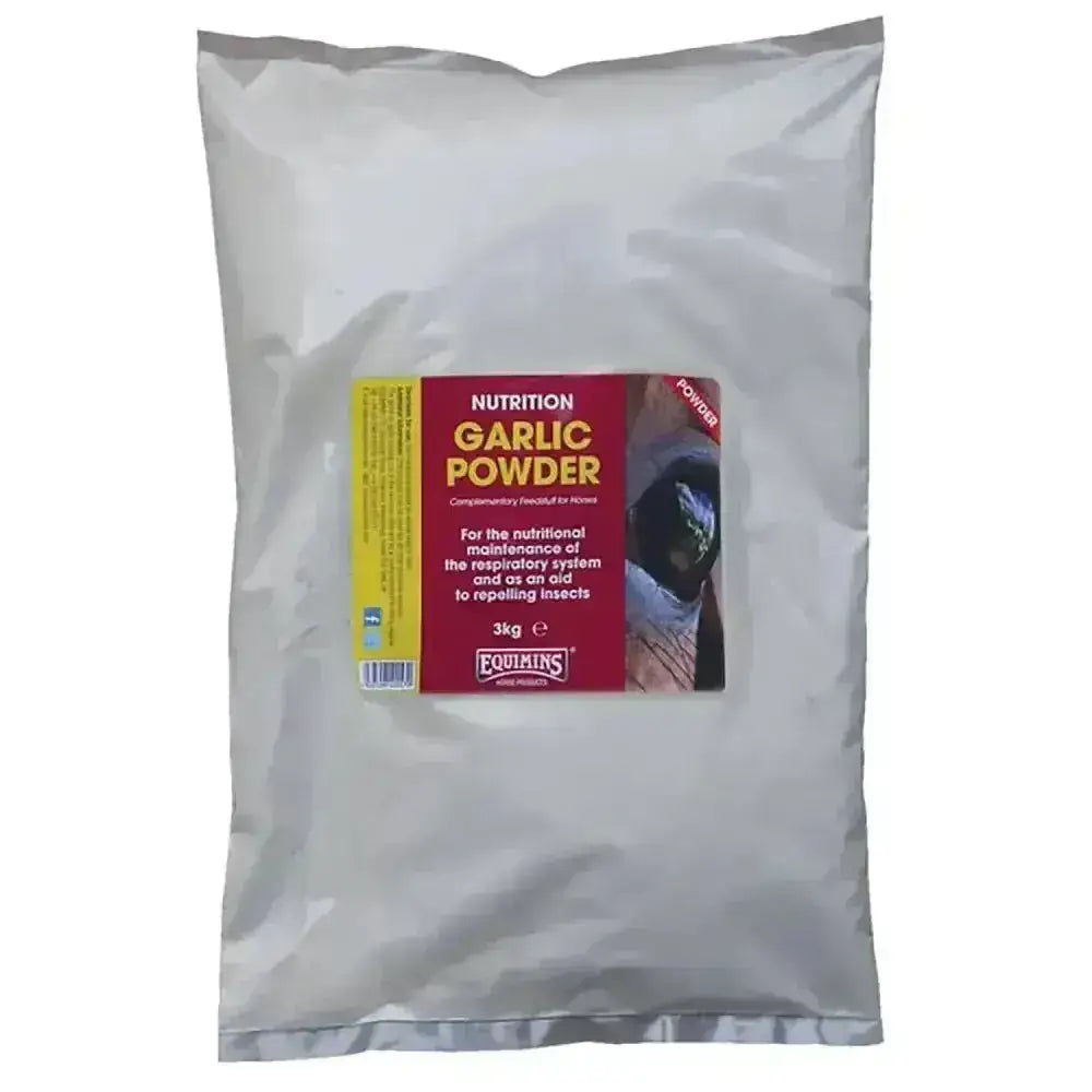 A 3kg bag of equimins garlic powder in a white plastic pouch with red and yellow label for horse supplements