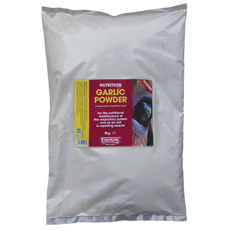A 3kg silver resealable pouch of equimins garlic powder with a red and yellow label for horse supplements
