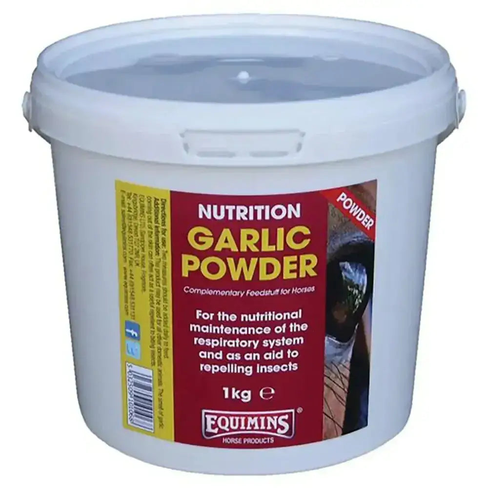 White plastic bucket with red and yellow label of equimins garlic powder 1kg horse supplements for nutrition