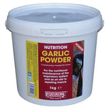 White plastic bucket with red and yellow label of equimins garlic powder 1kg horse supplements for nutrition