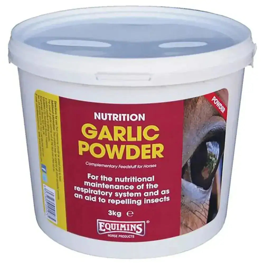 White plastic bucket with clear lid labeled garlic powder by equimins for horses equimins garlic powder horse supplements