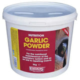 White plastic bucket with clear lid labeled garlic powder by equimins for horses equimins garlic powder horse supplements