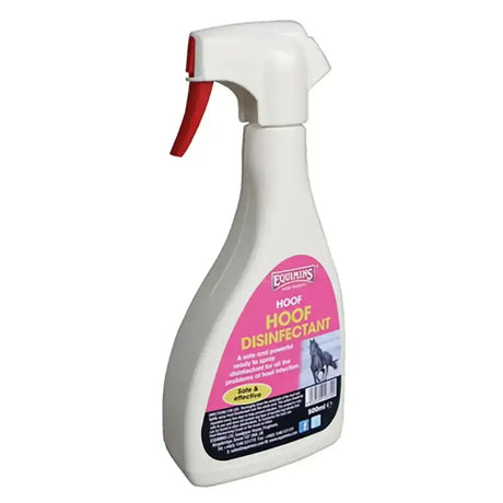 White plastic spray bottle with red trigger labeled equimins hoof disinfectant with fungicidal essential oils for hoof infection