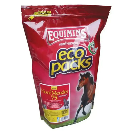 Red resealable bag of equimins hoof mender 75 powder for helping distressed hooves in horses