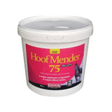 White plastic bucket with vibrant pink label for equimins hoof mender 75 pellets supplement powder for distressed hooves