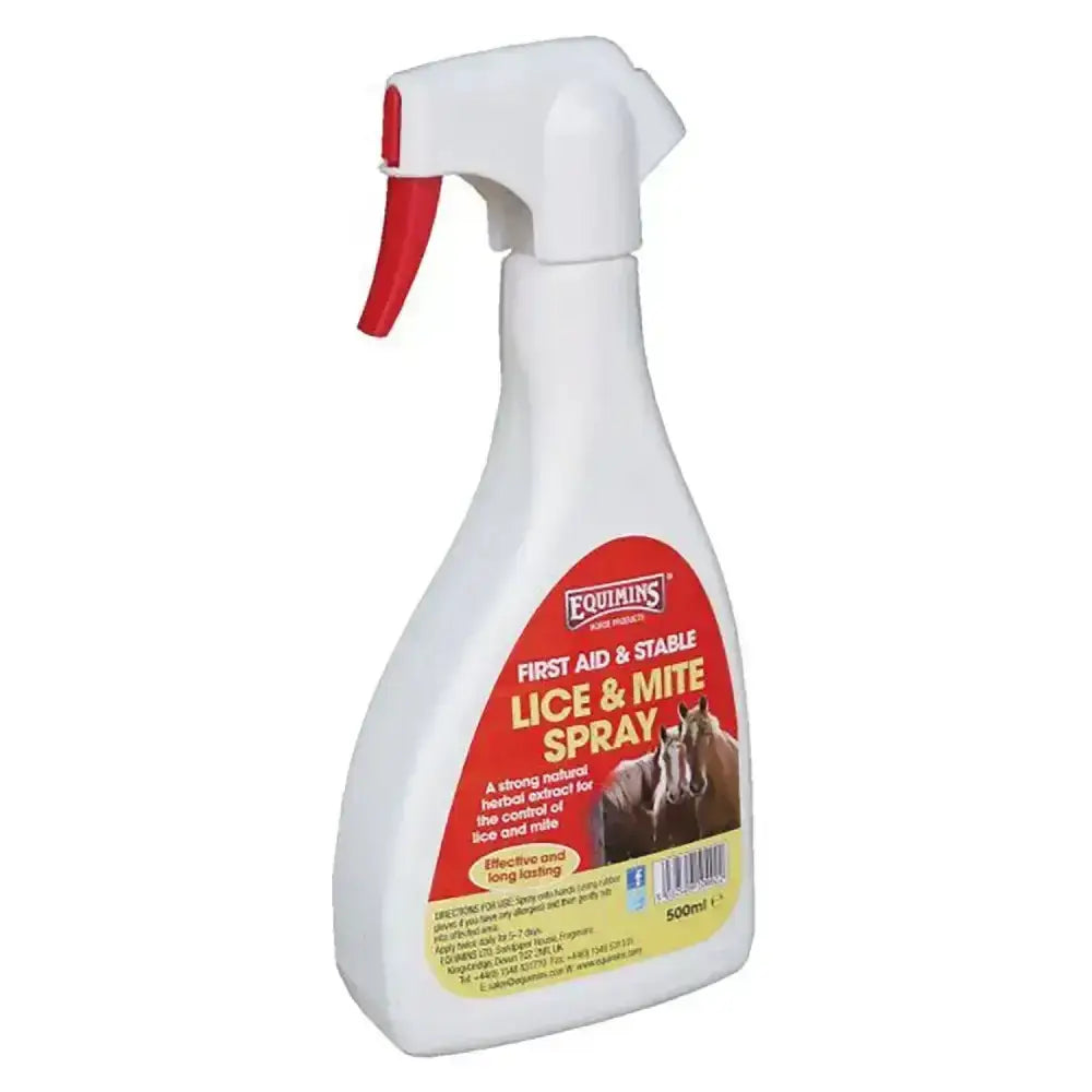 White plastic spray bottle with red trigger equimins lice proven strong natural herbal horse first aid and stable spray