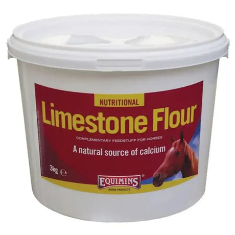 White plastic bucket with red and yellow equimins limestone flour label 3kg nutritional supplement for horses