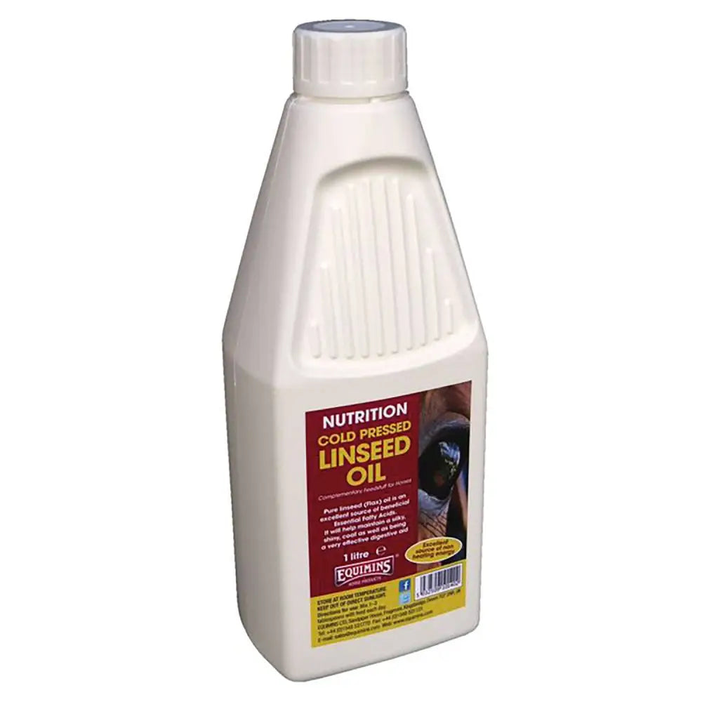 White plastic bottle of equimins linseed oil cold pressed with ribbed texture and white screw cap enhances coat condition