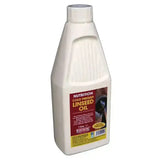 White plastic bottle of equimins linseed oil cold pressed with ribbed texture and white cap enhances coat condition