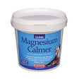 White plastic bucket with blue label of equimins magnesium calmer a specially formulated blend with digestible sources