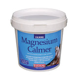White plastic bucket with blue label of equimins magnesium calmer a specially formulated blend with digestible sources