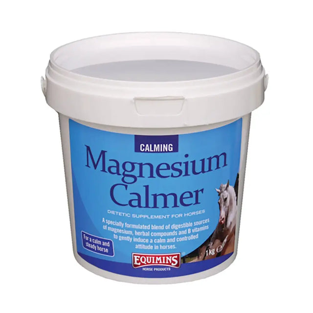 White plastic bucket with blue label of equimins magnesium calmer a specially formulated blend with digestible sources