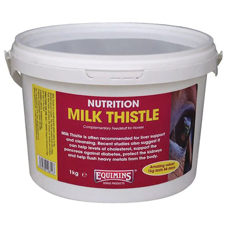 White plastic bucket of equimins milk thistle 1kg complementary feedstuff to nutritionally support liver in horses