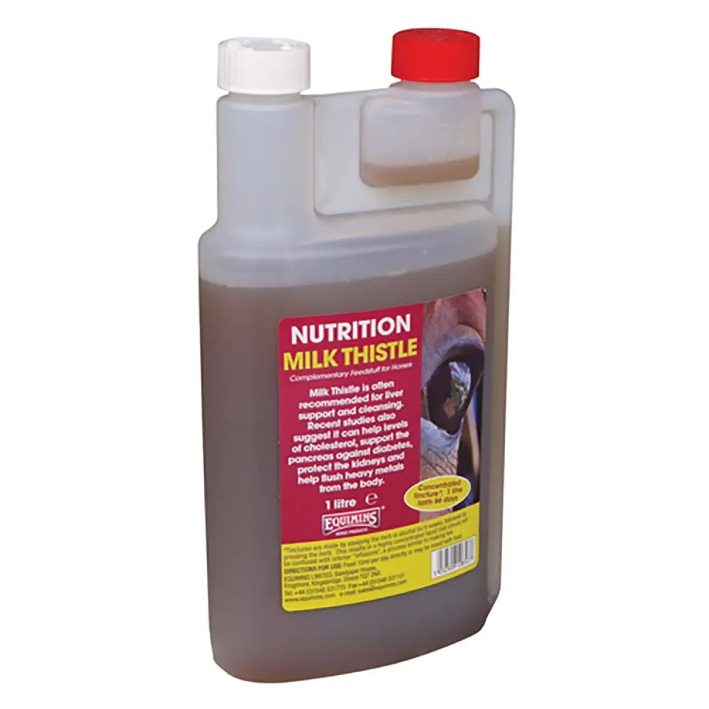 A 1-litre transparent plastic bottle of equimins milk thistle liquid with red cap to help maintain liver function