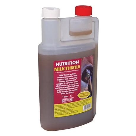 A 1-litre transparent plastic bottle of equimins milk thistle liquid with red cap to help maintain liver function