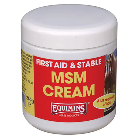 White plastic jar of equimins msm cream with red and yellow horse labeled soothing anti-bacterial cream for wound care