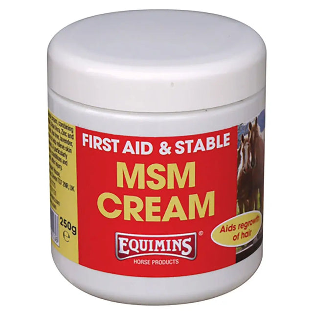 White plastic jar of equimins msm cream with red and yellow horse labeled soothing anti-bacterial cream for wound care