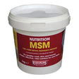 White plastic bucket with red label of equimins msm powder showing bio-available methyl sulphonyl methane for horses