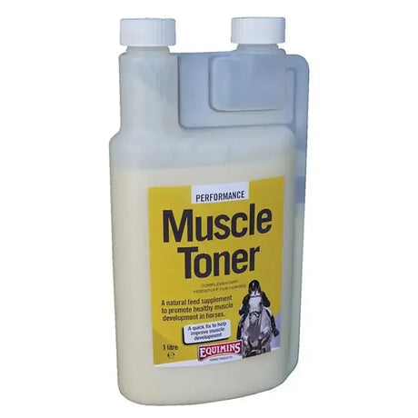 A 1-litre translucent plastic bottle of equimins muscle toner with a bright yellow label to promote healthy muscle development