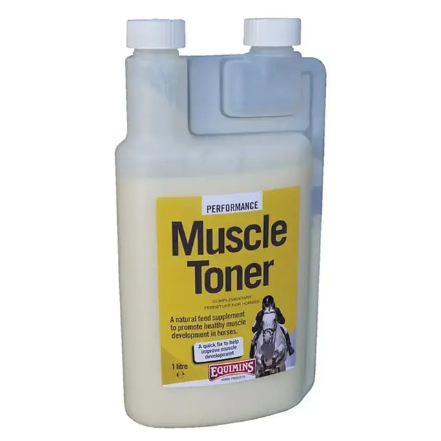 A 1-litre translucent plastic bottle of equimins muscle toner with a bright yellow label to promote healthy muscle development