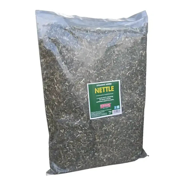 A clear bag of dried green equimins nettles natural herb labeled nettle with bold yellow text on green background