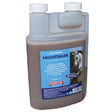 A translucent plastic bottle with white cap containing brown equimins nightmare liquid horse hormone supplement with chaste tree berry