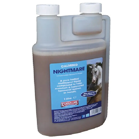 A translucent plastic bottle with white cap containing brown equimins nightmare liquid horse hormone supplement with chaste tree berry