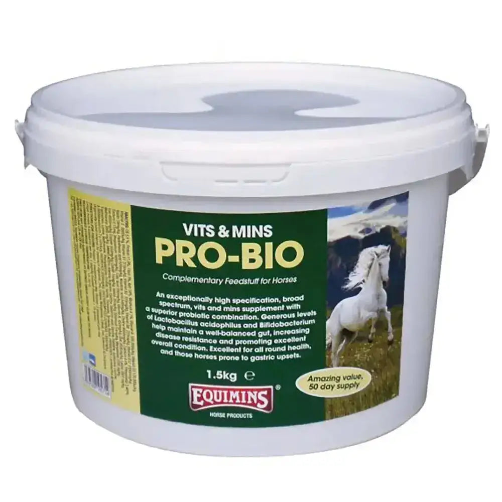 White plastic bucket with green and yellow equimins pro-bio supplement label for efficient digestion in horses
