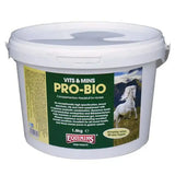 White plastic bucket with green and yellow equimins pro-bio supplement label for efficient digestion in horses
