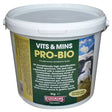 White plastic bucket with green and yellow equimins pro-bio supplement label for metabolic profile booster and efficient digestion