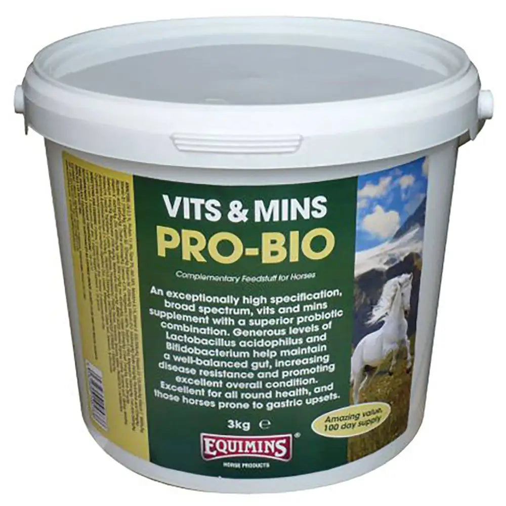 White plastic bucket with green and yellow equimins pro-bio supplement label for metabolic profile booster and efficient digestion