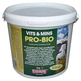 White plastic bucket with green and yellow equimins pro-bio supplement label for metabolic profile booster and efficient digestion