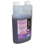 A 1-litre translucent plastic bottle with white cap containing dark liquid labeled equimins respiratory formula