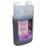 A 1-litre transparent plastic bottle with white cap containing dark liquid labeled equimins respiratory formula