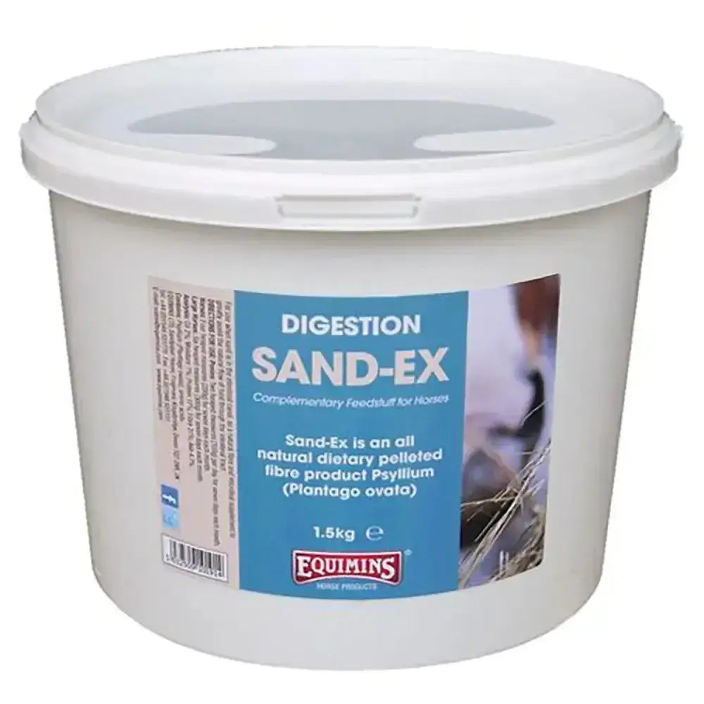 White plastic bucket of equimins sand-ex pellets all-natural dietary pelleted fibre product for horse digestion support