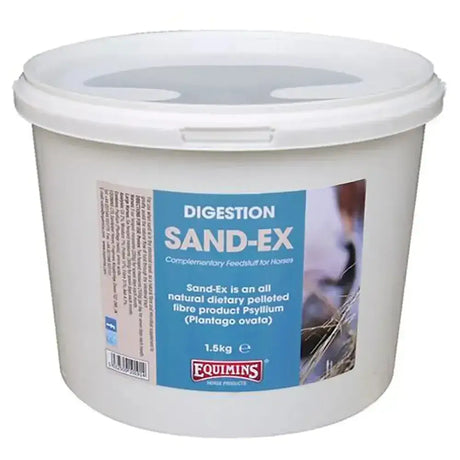 White plastic bucket of equimins sand-ex pellets all-natural dietary pelleted fibre product for horse digestion support