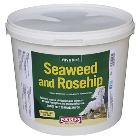 White plastic bucket with green and yellow equimins seaweed and rosehip label for horse trace elements feedstuff