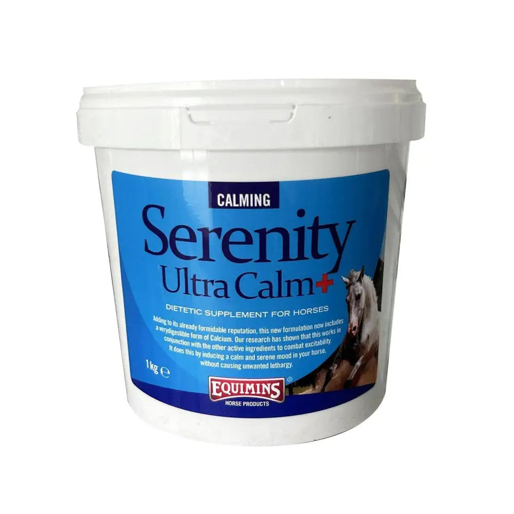 White plastic bucket with blue label for equimins serenity ultra calm dietary supplement with amino acid chelate