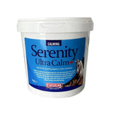 White plastic bucket with blue label for equimins serenity ultra calm dietary supplement with amino acid chelate