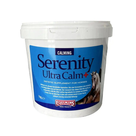 White plastic bucket with blue label for equimins serenity ultra calm dietary supplement with amino acid chelate