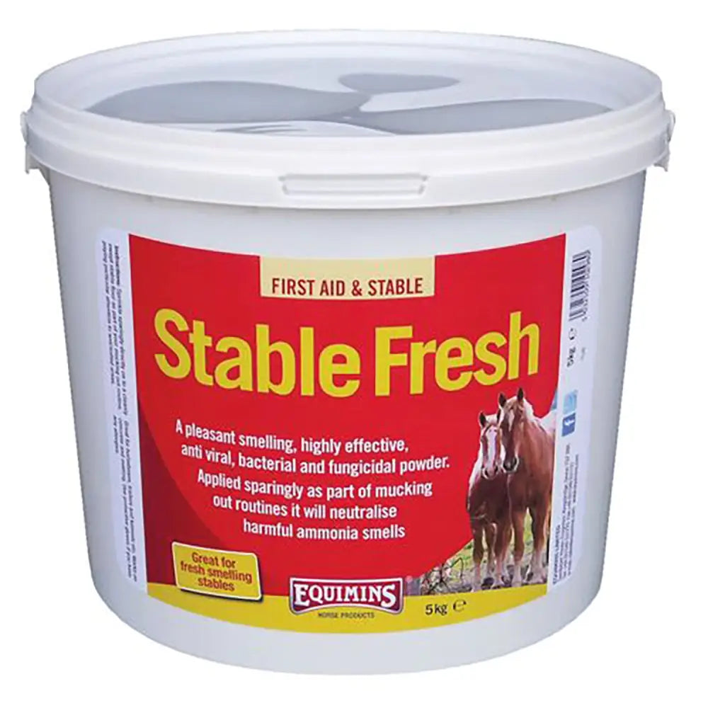 White plastic bucket with red and yellow label of equimins stable disinfectant fresh for removing ammonia smells