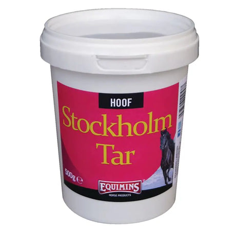 White plastic bucket of equimins stockholm tar pine tar with pink label yellow text and black horse image