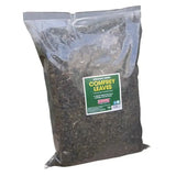 A clear plastic bag of dark green dried comfrey leaves labeled forrester from equimins straight herbs comfrey natural leaves