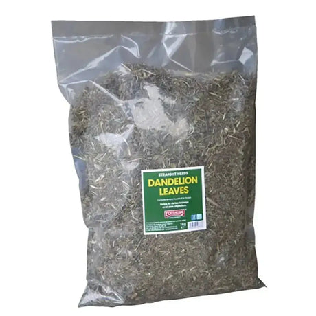 A clear plastic bag of dried greenish brown herbs dandelion leaves by koolins from equimins straight herbs range