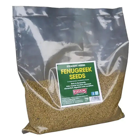 A clear plastic bag of brown herbs fenugreek seeds labeled by equikins in equimins straight herbs packaging